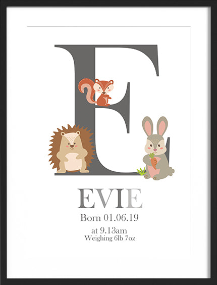 Baby Woodland Alphabet Personalised Print