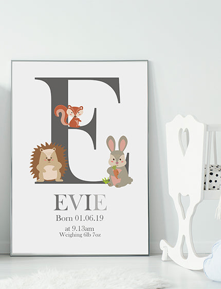 Baby Woodland Alphabet Personalised Print